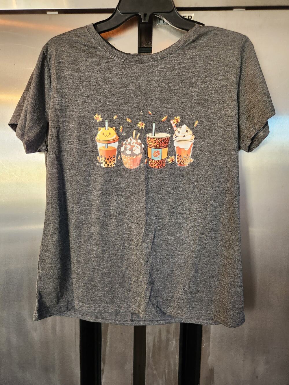 SHEIN Womens Fall Boba Drinks Graphic Tee Size XL | Gray Autumn Print
